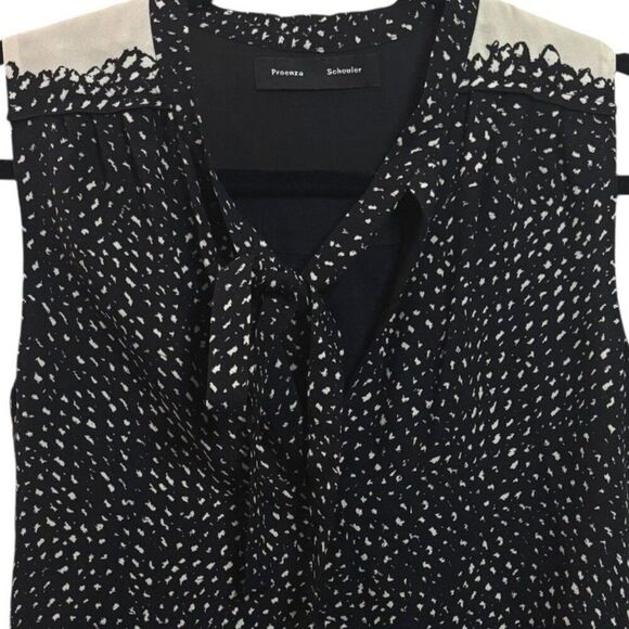 PROENZA SCHOULER 100% Silk Sleeveless Print Blouse Sz 2 Tie V-Neck Polka Dot Top - Picture 3 of 5